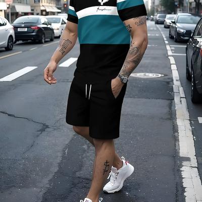 "TEMU Men's Casual Shorts Set With "" Graphic Print - Black & Teal, Lightweight Polyester, Outdoor Activities, Outdoor Casual Wear|graphic Print Shorts|polyester Fabric" Image