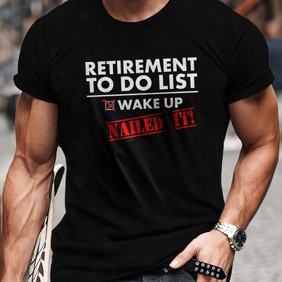 "TEMU Men's Retirement To Do List Graphic T-shirt - "!" Design With White & Red Text, Regular Fit Short Sleeve Tee For Gym & Casual Wear, Machine Washable Retirement Gifts For Him" Image