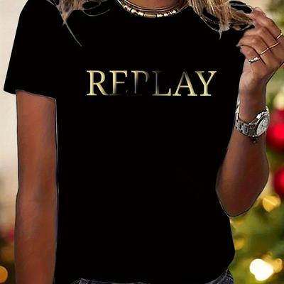 "TEMU Women's Casual Short Sleeve T-shirt With "" Graphic Print - Round Neck, Machine Washable, , Sizes S-xxl In Multiple Colors, Ladies T Shirts, Nontransparent Material" Image