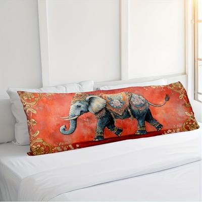 TEMU 1pc Vintage-style Short Plush Lumbar Throw Pillow Cover - Double-sided, Zippered, 20x54 Inch, Ideal For Sofa & Farmhouse Decor, Hand Washable, Polyester, Elephant Decor Image