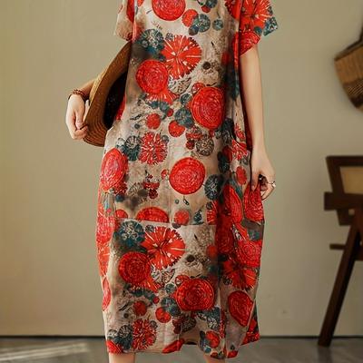TEMU Stylish Loose Fit Casual Round Neck Linen Print Short Sleeve Dress For Spring And Summer Image