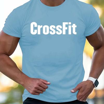 TEMU Men's Crossfit Graphic Athletic T-shirt - Breathable Moisture-wicking Workout Tee With Letter Print, Regular Fit Short Sleeve For Gym, & Summer Casual Wear, Durable Sportswear, Gym Shirts Image