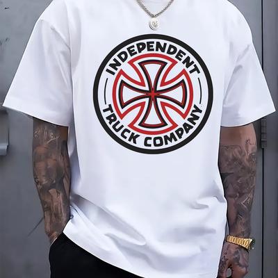 "TEMU Men' Gray " Company" Graphic T-shirt - Casual Crew Neck, Short Sleeve, Summer Style, Machine Washable, Relaxed Fit Cotton Tee With & White Logo, Truck Shirt" Image