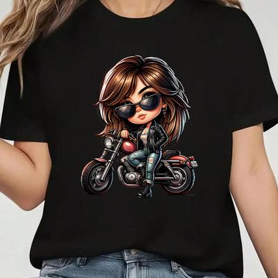 TEMU Women's Summer Short Sleeve T-shirt - Motorcycle Graphic Print, Soft Polyester Blend, Crew Neck, , White With Black & Gray Design, Casual Attire, Apparel | Graphic Tee | Soft Texture Image