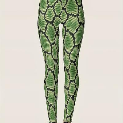 TEMU Women's High-waisted Snake Print Leggings - Ultra Soft & Comfortable, Green & , Stretchy Casual Wear For Spring/summer/fall Image