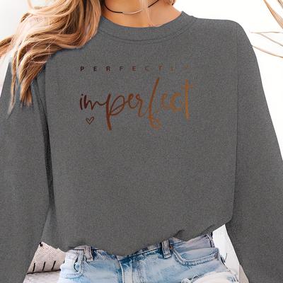 "TEMU Women's "perfectly " Long Sleeve T-shirt - Casual Crew Neck, Stretchy Polyester Blend, Ideal For Spring/summer, Machine Washable, Yellow With Heart & Letter Desig" Image