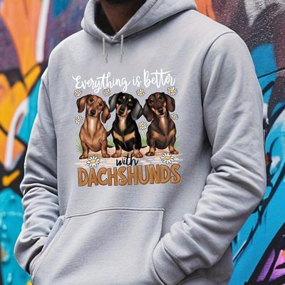 TEMU Dachshund Dog Print Long Sleeve Hoodie - Polyester Casual Hooded Sweatshirt With Stretch, Knit Fabric Fall/winter Pullover For Men Image