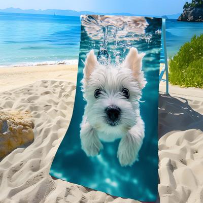 TEMU Sdoo Cute White Dog Print Beach Towel - Soft, Lightweight, Sand-resistant, Ultra-absorbent Microfiber Towel For Travel, Swimming, Surfing, Yoga, Camping, And Beach Accessories, Beach Towel Image