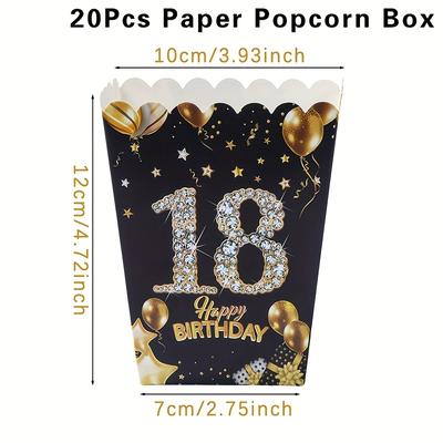 "TEMU 20pcs Elegant Black & Golden 18th Birthday Popcorn Boxes - Glittery "happy Birthday" Party Favor Containers, Adult Celebrations, Decorated With Stars & Balloons, Paper Packaging For Easy" Image