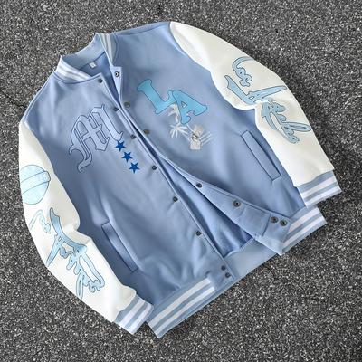 "TEMU Men's Trendy Light Blue Baseball Jacket With "la" Letter Print, Snap Closure, Pockets, And Striped Cuffs - Stylish Fall/winter Outerwear" Image