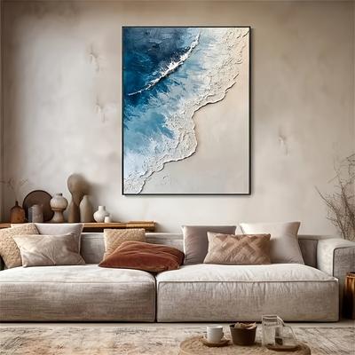 TEMU 1pc Handmade Wall Art, Textured Ocean Beach Scene, Acrylic, Fashionable Landscape Painting For Modern Living Room Decor Image