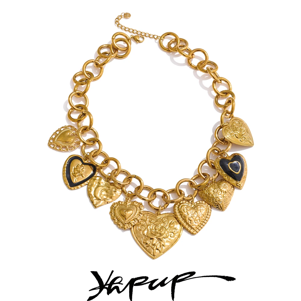Yhpup Statement-Halskette mit Herz-Anhänger aus Edelstahl, wasserdicht, 18 Karat Gold, PVD-beschichteter Edelstahl, Halsband, Schmuck 2025 Image