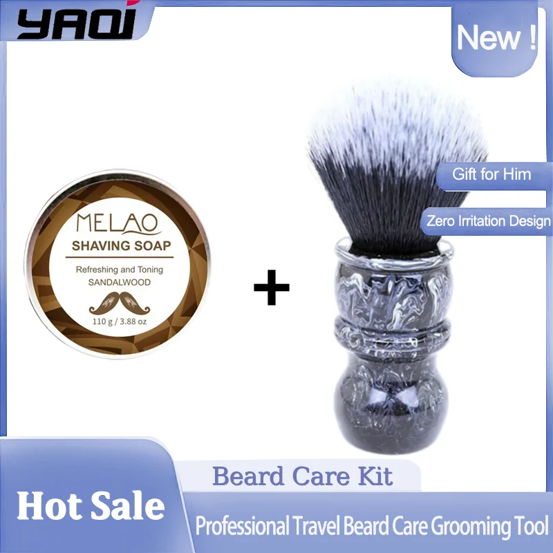 YAQI 24 mm Herren-Rasierpinsel- und Seifen-Set mit schwarz-weißer Spitze, synthetisches Haar, Marmor-Harz-Griff, Präzisionspflege für den Heimgebrauch Image