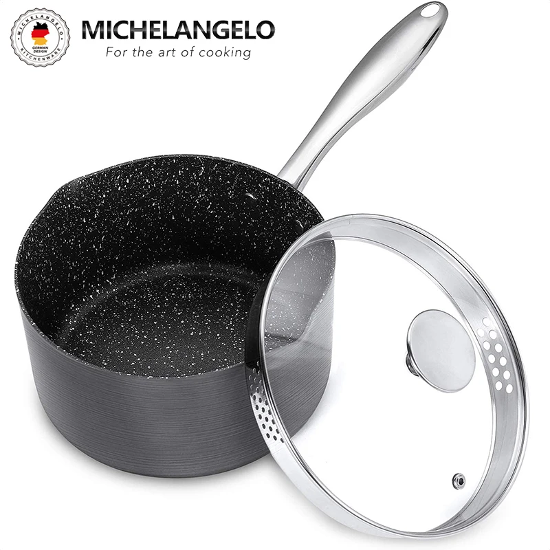 MICHELANGELO 3-Liter-Topf mit Deckel, hart eloxierter, antihaftbeschichteter Saucenpfanne mit Siebdeckel, Ausgießer, kleiner Induktions-Milchtopf Image