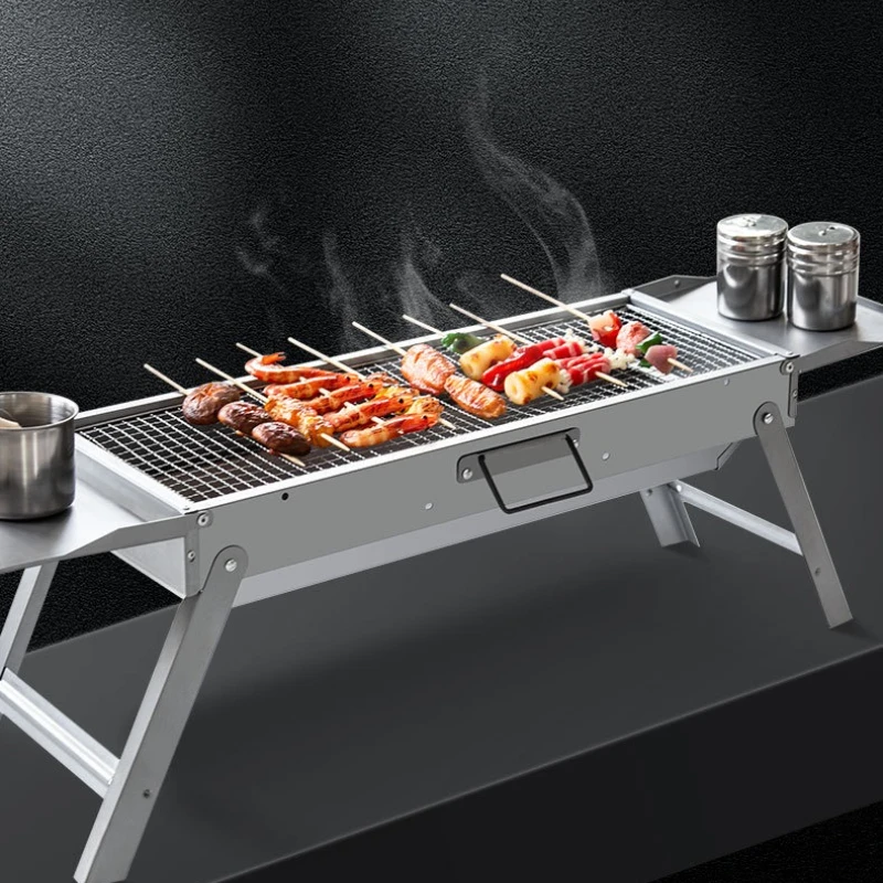 Edelstahl Grill Outdoor Tragbare Holzkohle Verdickt Grill Haushalt Kleine Ein-sekunden Klapp Carbon Backen Spieß Ofen