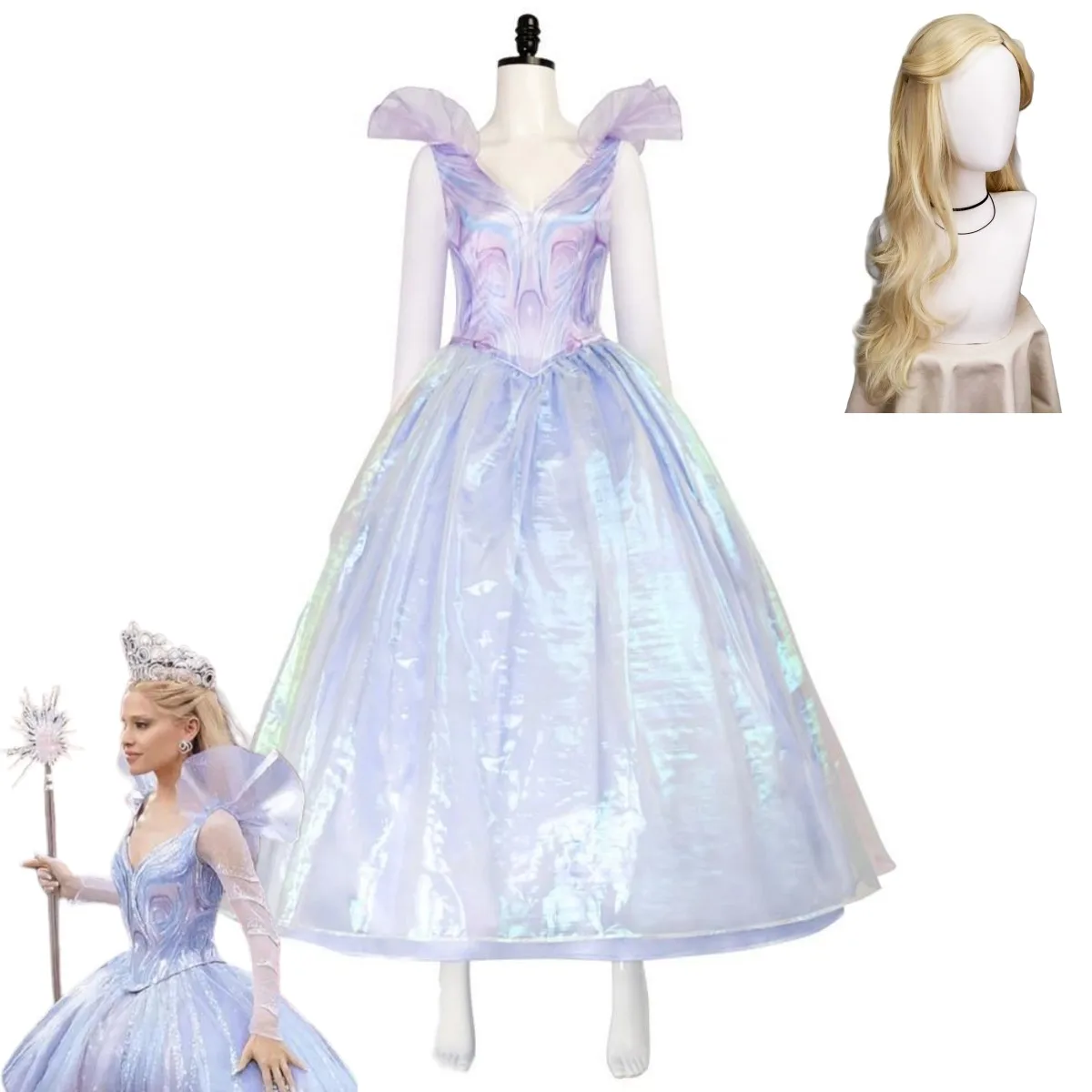 Amerikanische Filme Glinda Cosplay Kostüm Hexe Ärmellose Prinzessin Rock Hochzeit Kleid Perücke Erwachsene Frau Sexy Maskierter Ball Anzug Image