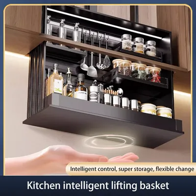 Smart Electric Vertical Lift Cabinet Basket Voice Touch Control Auto Spice Dispenser Design für die Küchenaufbewahrung