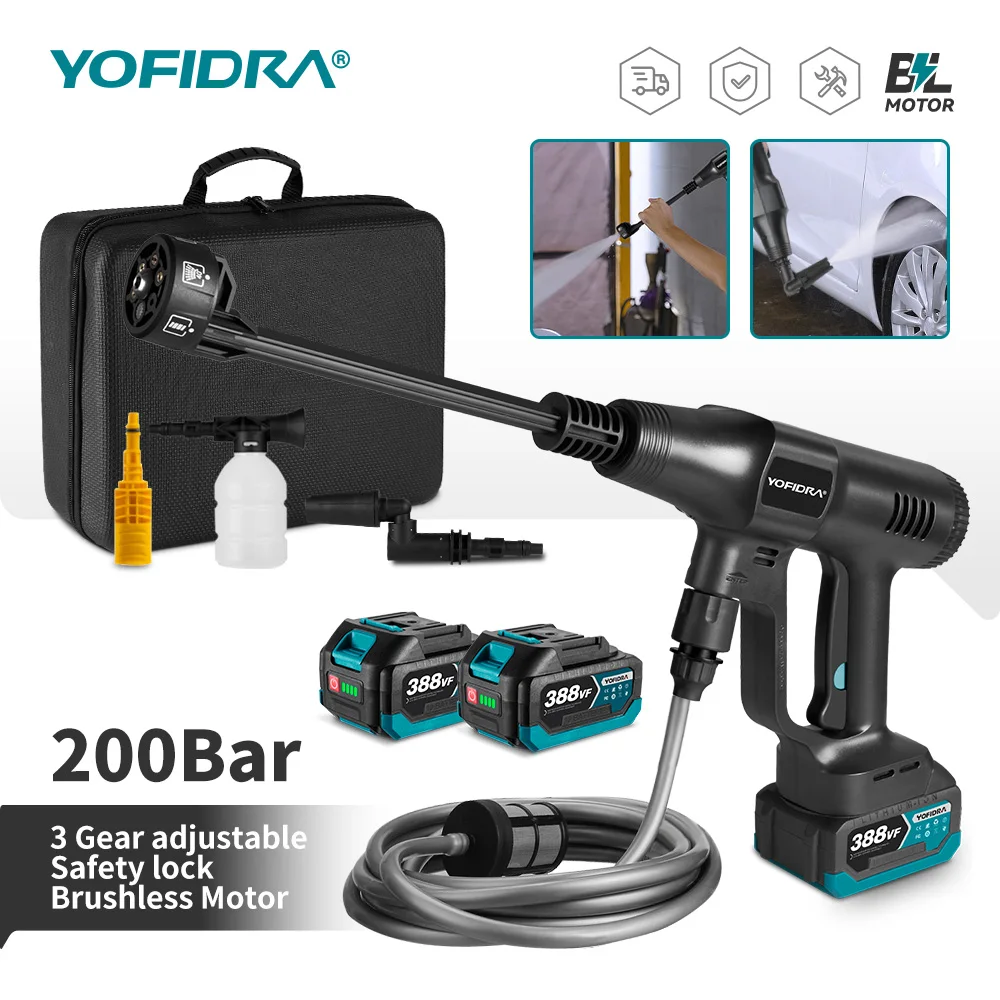 Idropulitrice ad alta pressione YOFIDRA 6IN1 200Bar senza spazzole, pistola ad acqua per la pulizia domestica, pistola a spruzzo per lavaggio auto, compatibile con batteria Makita.