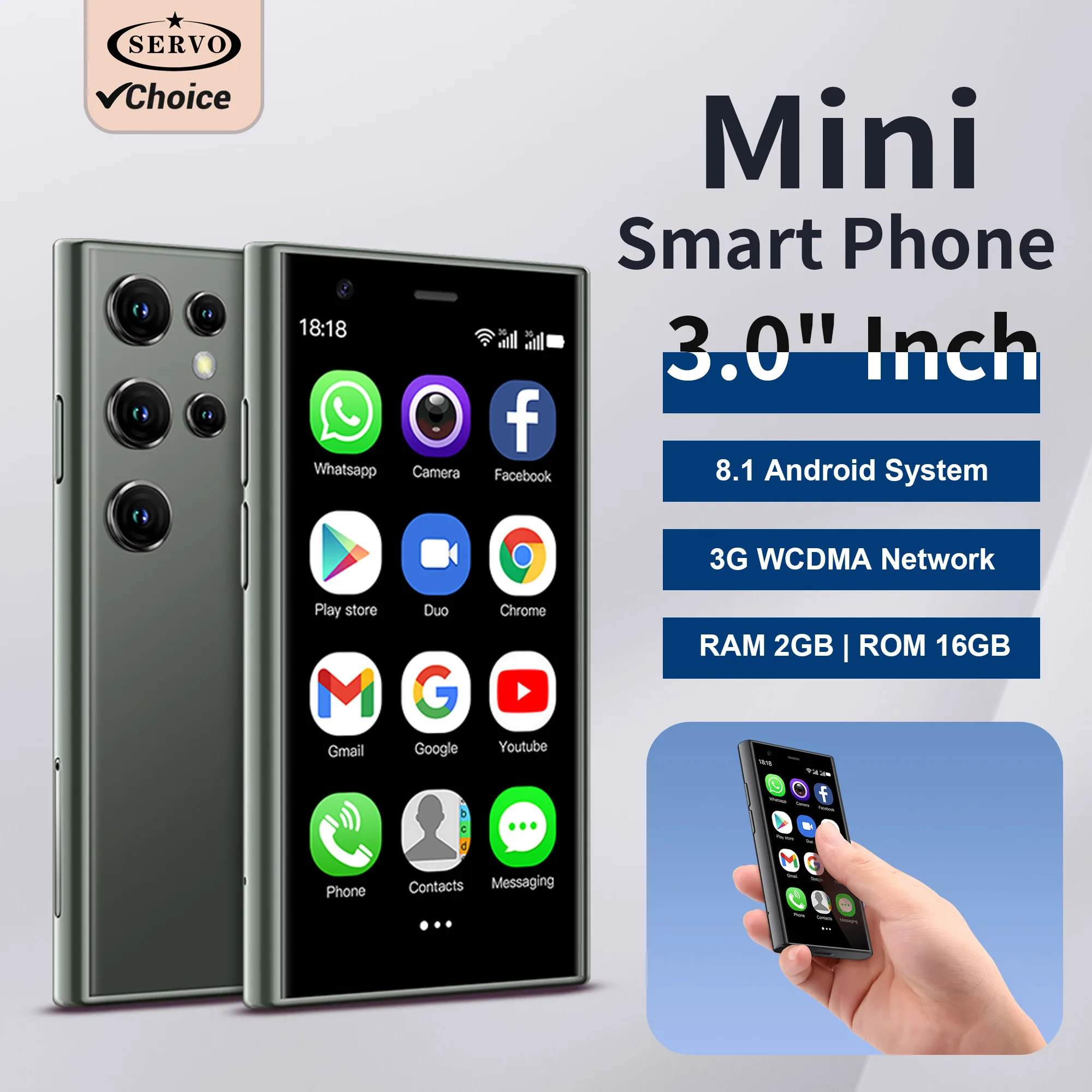 SERVO-Mini Smartphone S23, Android, 2 Epi3 G, WCDMA, 2 Go + 16 Go, Google PRWIFI, Position GPS, 3.0 