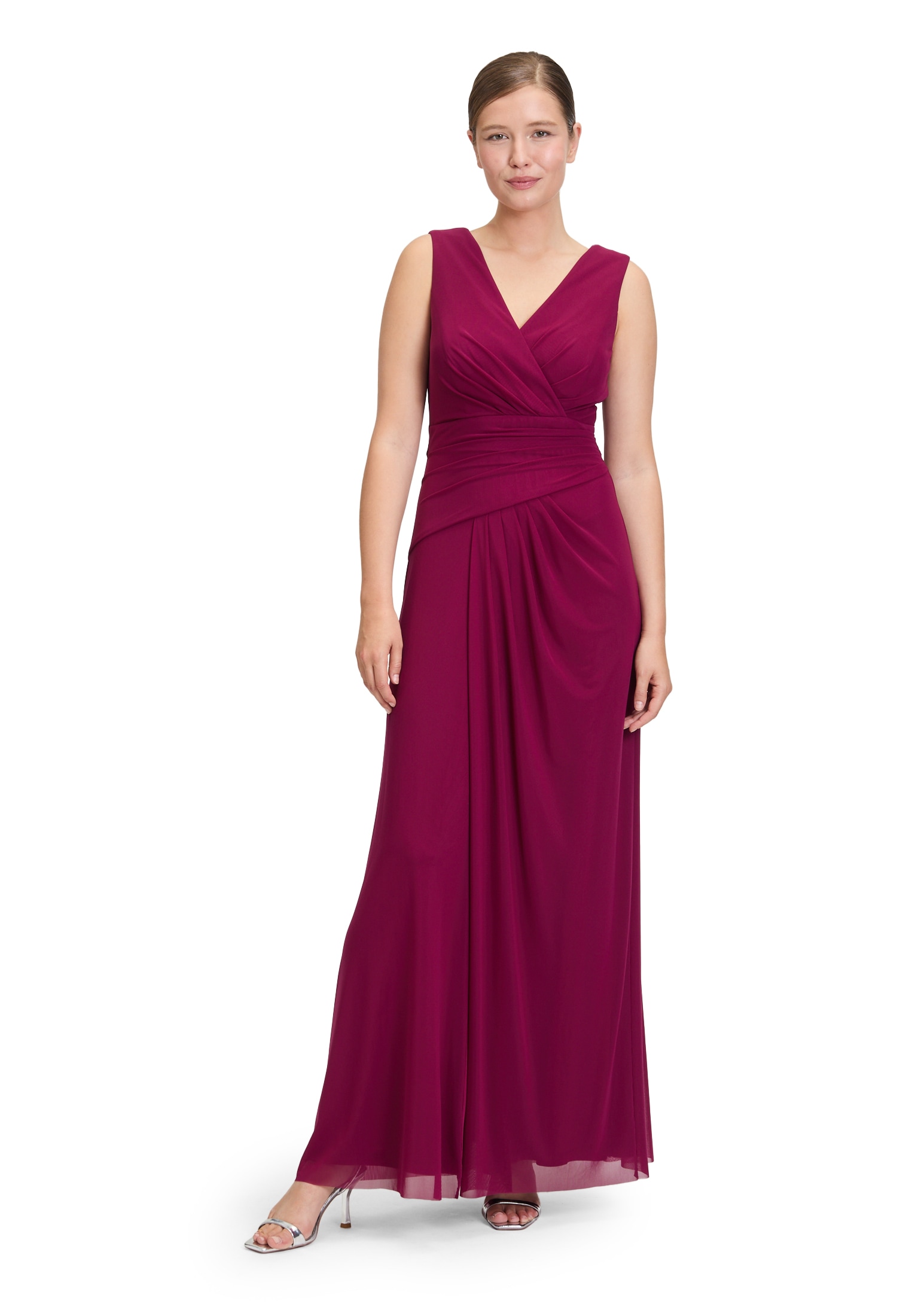 Abendkleid VERA MONT "Damen mit V-Ausschnitt", Damen, Gr. 38, Normalgrößen, rosa (sweet berry), Netz, Obermaterial: 92% Polyamid, 8% Elasthan; Futter: 100% Polyester, figurbetont lang, V-Ausschnitt, Kleider Abendkleid, Falten
