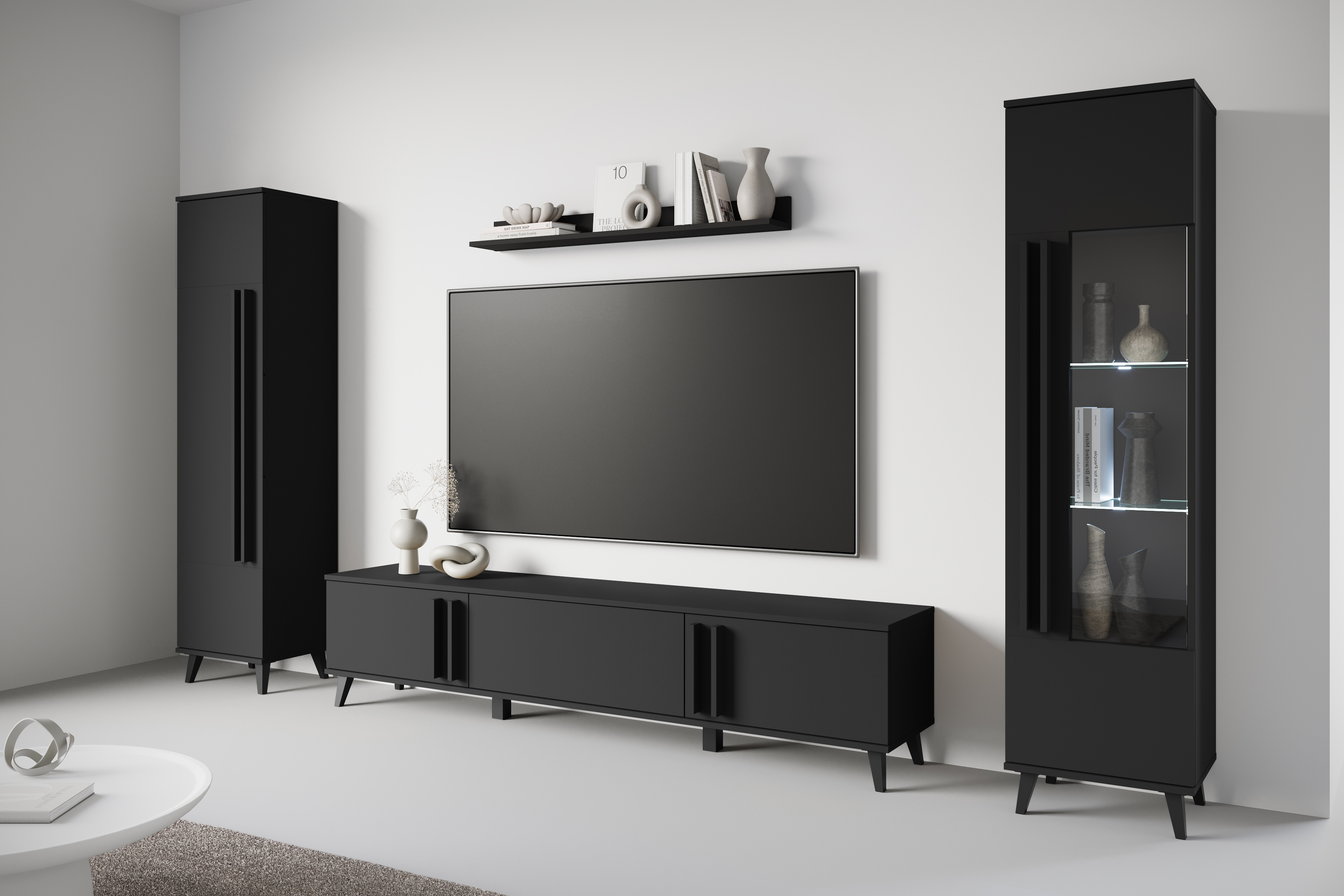 Wohnwand INOSIGN "Helsinki, Modernes Set mit verglaster Vitrine", schwarz (graphite schwarz matt), B:260cm H:159,5cm T:33cm, Holzwerkstoff, Kastenmöbel-Sets, Wohnwand, mit lamellengriffen, verstellbaren Einlegeböden und Kunststofffüßen