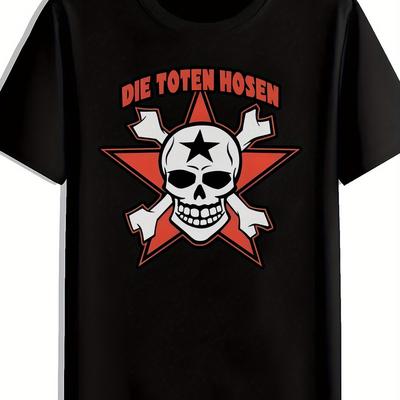 TEMU Men' Graphic T-shirt - Casual Crew Neck, Short Sleeve, Summer Tee With Skull And , Versatile Rock-inspired Top For Casual Attire, Casual Summer Top | Skull Print Tee | , Rock T Shirt Image