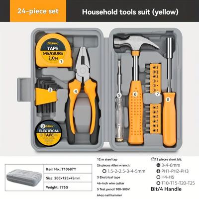 TEMU 24pcs Yellow Set/pink Set, Household Power Tool Set, Hexagonal Wrench Screwdriver Pliers, 2 Colors Optional, Household Repair Tool Set Image