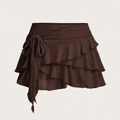 TEMU Women's Elegant High-waist Mini Skirt With Ruffle Detail - Black, Short Length, A-line Flared Hem, Casual Or Dressy Occasions, Skirt | Ruffle Detail Skirt | Stylish Waistband, Mini Skir Image