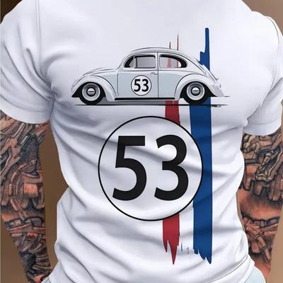 TEMU 1pc Vintage Racing Car Graphic Tee, Men's Casual Crew Neck T-shirt, 100% With, Regular Fit Short Sleeve Top For Summer Streetwear Cotton Printed Shirts Image