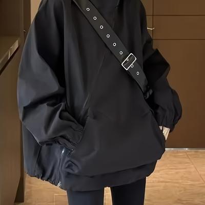 TEMU Women's Retro Hooded Jacket With Slant Zipper Design - Black Casual Outdoor Pullover, Relaxed Fit Lightweight Spring/fall Coat, Machine Washable Versatile Casual Attire, Jacket Hoodie Image