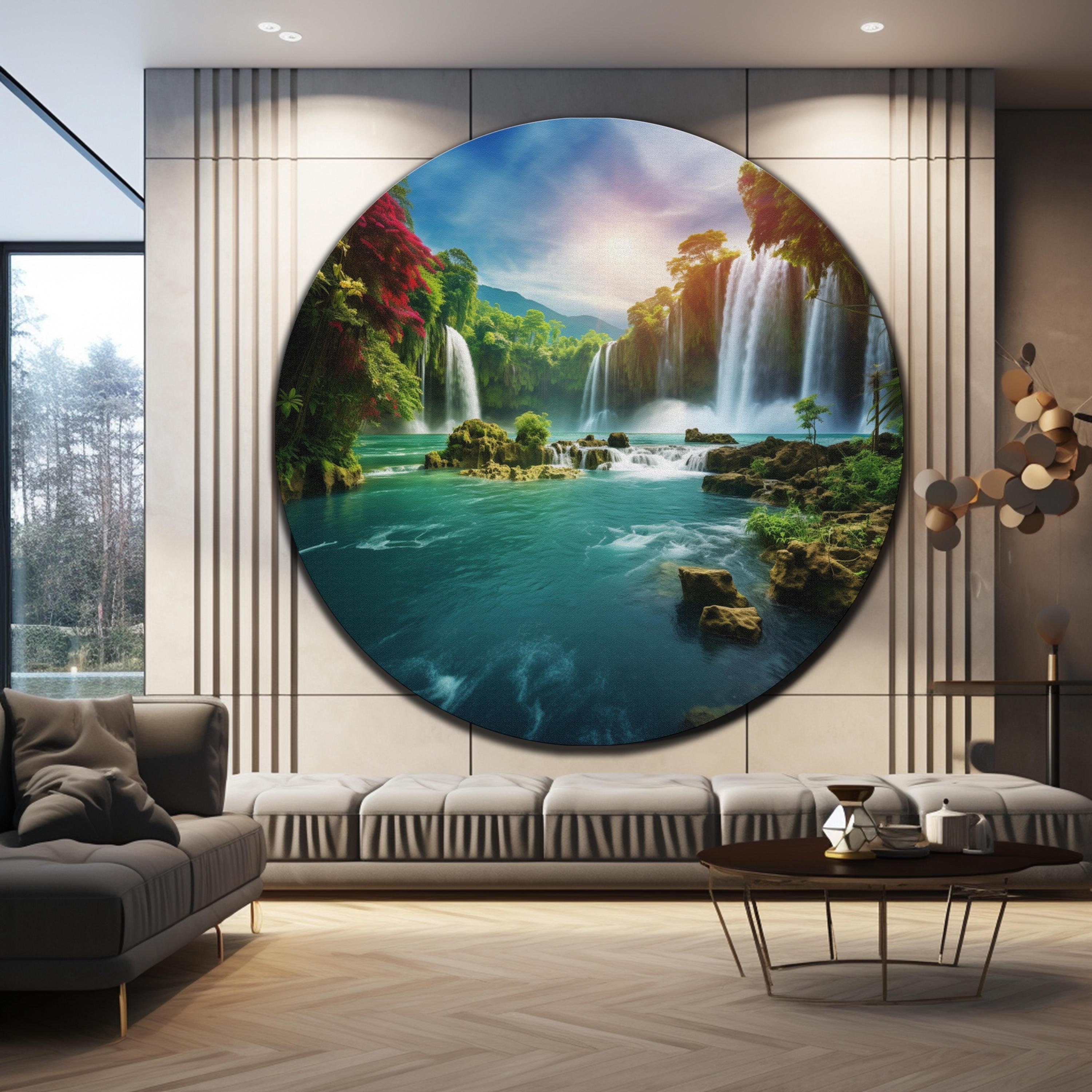 Arte murale a cascata, arte murale in vetro temperato, grande arte murale in vetro, arte murale rotonda, arte moderna in vetro, stampa su vetro, arte