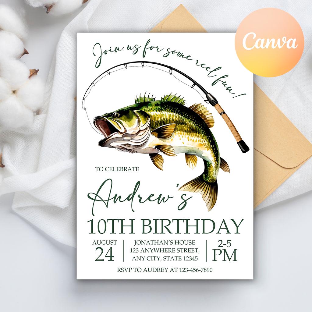 Modello modificabile per invito di compleanno a tema pesca, invito a tema pesca, invito di compleanno a tema pesce, divertiti, invito di compleanno pe