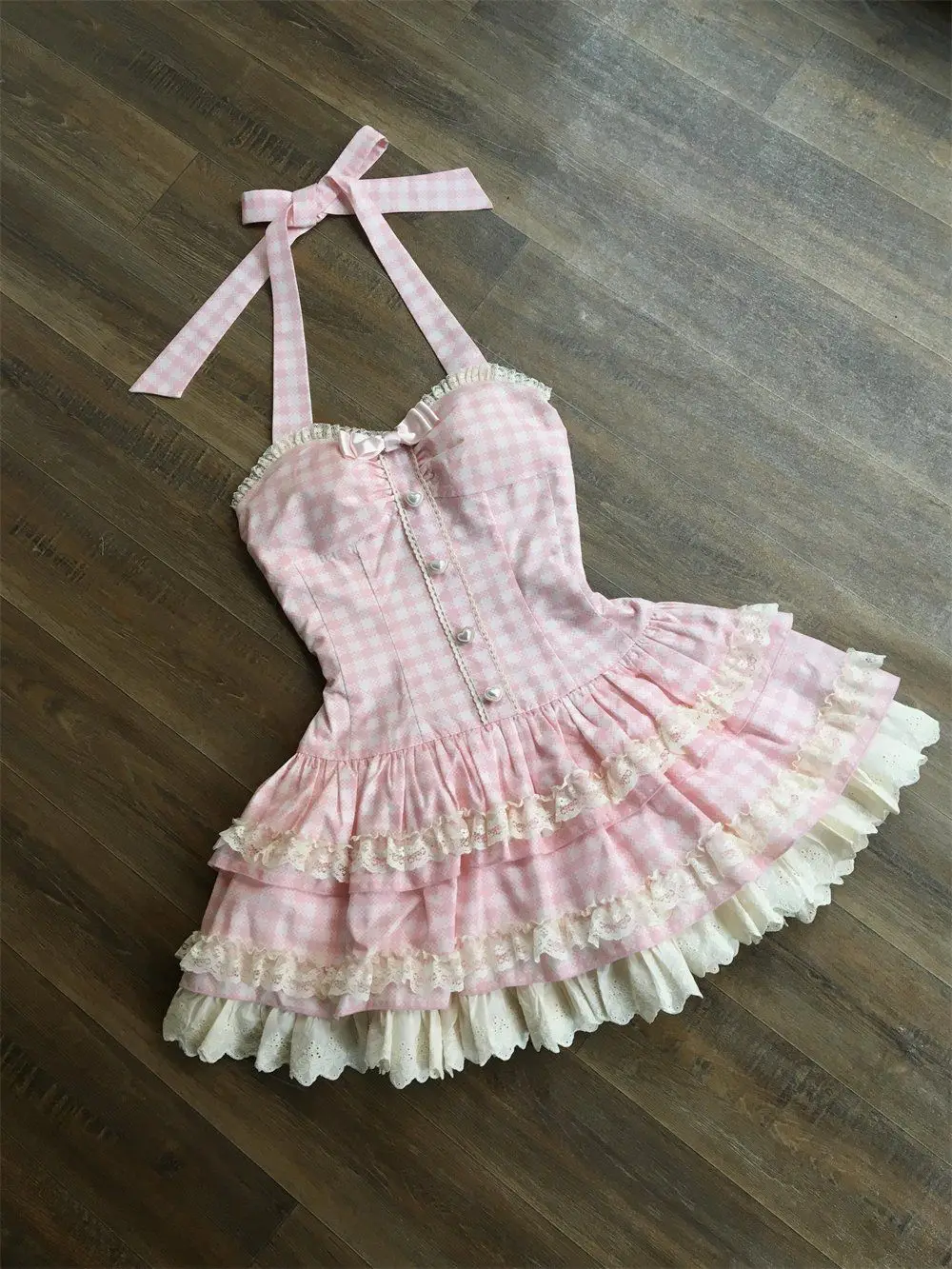 Sommer rosa Gingham Neckholder Kleid Frauen Spitze Rüschen Korsett Schleife süße Prinzessin Stil ärmellose Vintage Fee Lolita süße Outfit