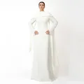 Bescheidene Abendkleider mit langen Ärmeln, O-Ausschnitt, A-Linie, 2025, Damen-Abendkleider mit Schal, Perlen, elegantes Hochzeitskleid, Elfenbeinfarben