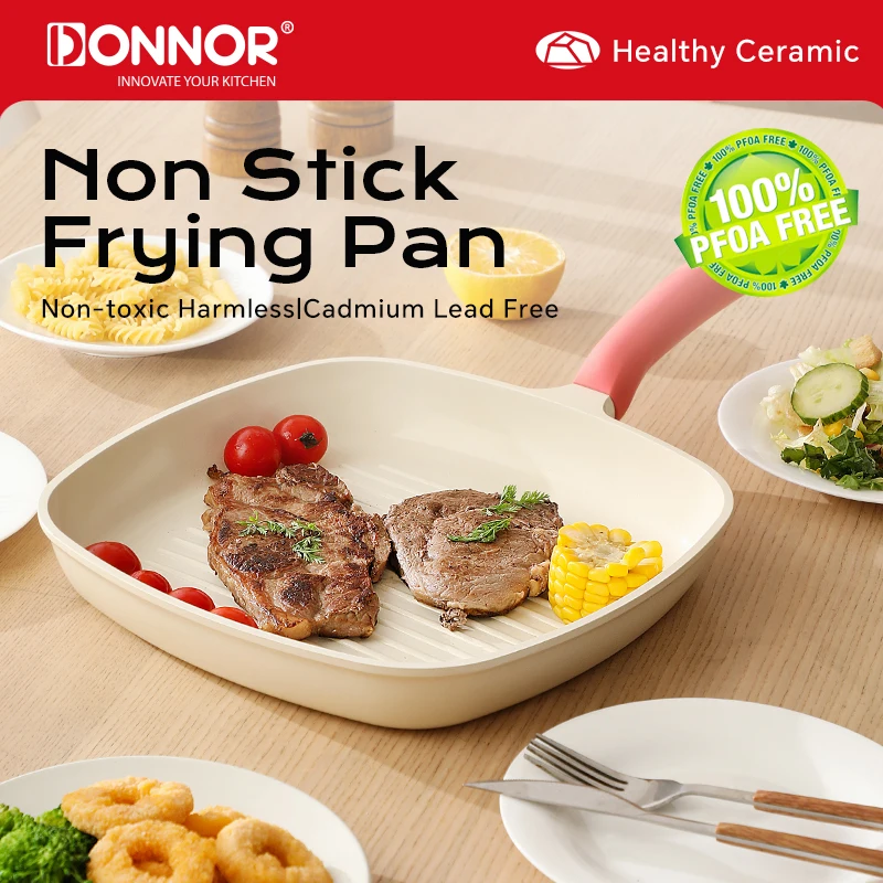 DONNOR 28 cm Antihaft-Grillpfanne für Herdplatten, vielseitig einsetzbar, quadratisch, große Grillpfanne, Steakpfanne für Kochen im Innenbereich, JT4 Image