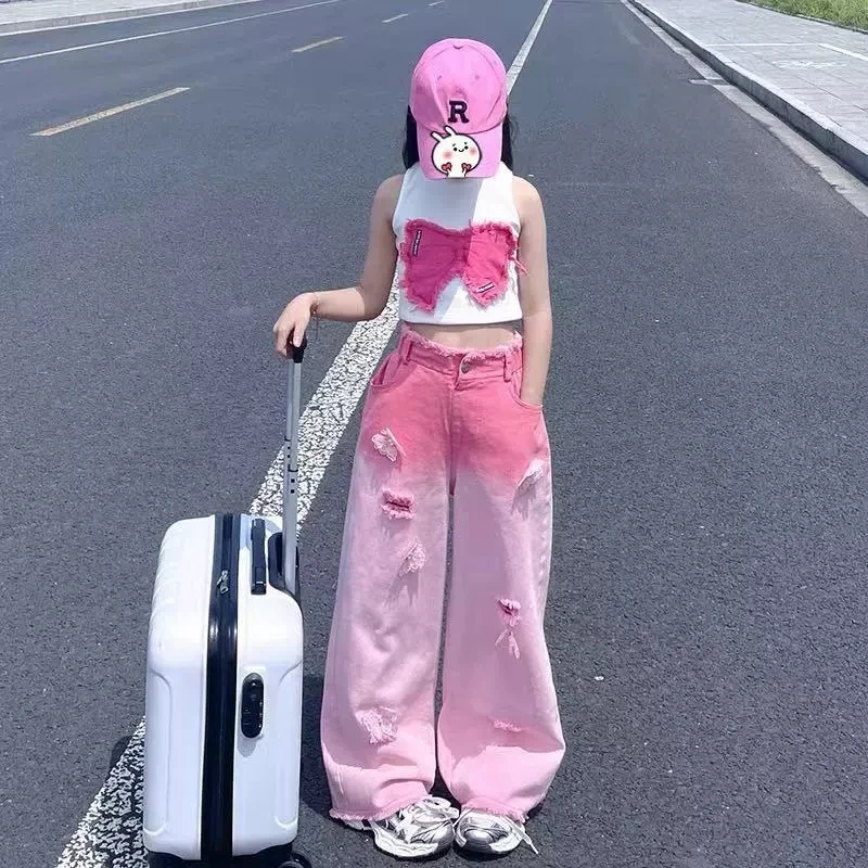2025 sommer Neue Mädchen Kleidung Set Bogen Ärmellose Weste + Schmetterling Dekoration Gradienten Zerrissene Jeans 2 Stücke Für 3-8Y mode Outfit Image