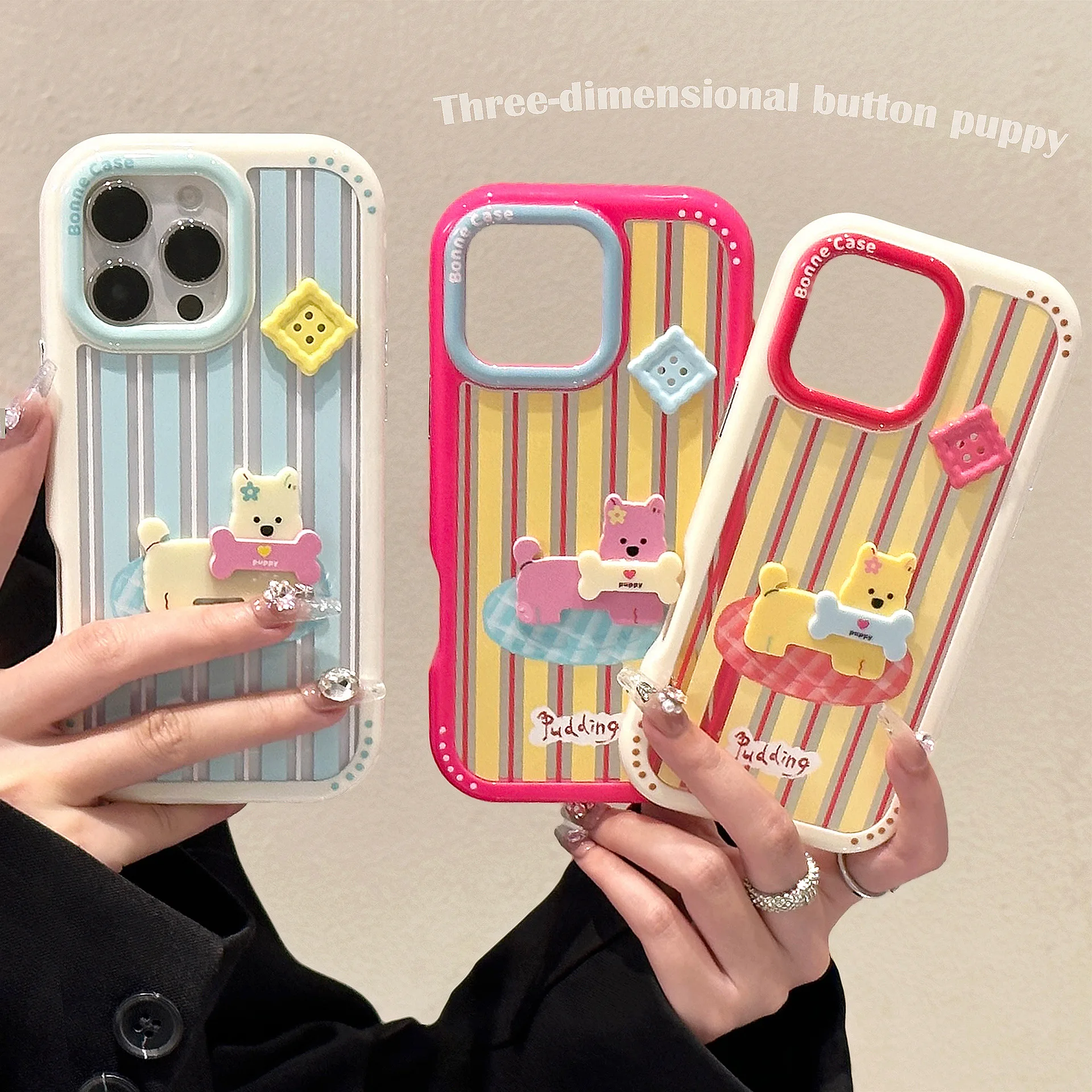 Koreanische gestreifte Cartoon 3D-Welpen-Taste glänzende Handyhülle für iPhone 16 15 14 13 12 11 Pro Max Xs max XR Acryl stoßfeste Abdeckung Image