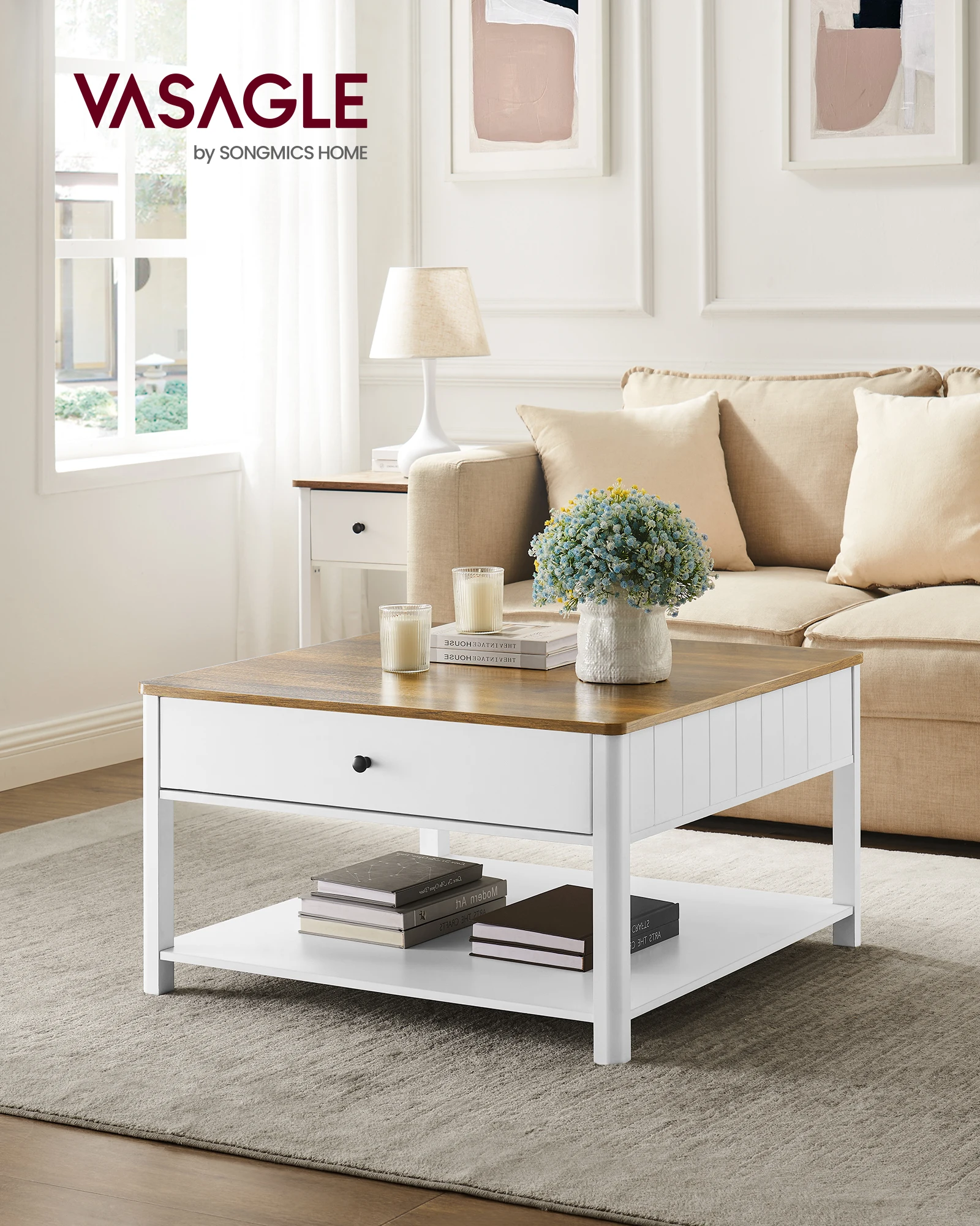 VASAGLE Couchtisch, Wohnzimmertisch, Sofatisch, 2 große Schubladen, mit Beinen, viel Stauraum, maritimer Stil, 80 x 80 x 45 cm