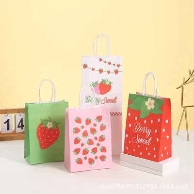10/30/50pcs Cartoon Fruit Strawberry Theme Kraft Paper Gift Wrapping Bags Kids Candy Cookies Storage Bags Birthday Party