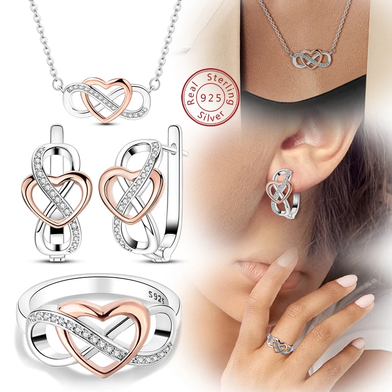 Original-Ohrringe aus 925er-Sterlingsilber, Ring, Halskette, ewiges Liebes-Set für Damen, leichter Luxus, Modeschmuck, Geschenkherstellung Image