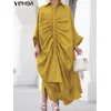 Plus Größe VONDA Frauen Elegantes Hemd Kleid 2024 Casual Einfarbig Sommerkleid Mode Revers Neck Vestidos 3/4 Hülse Lose Robe