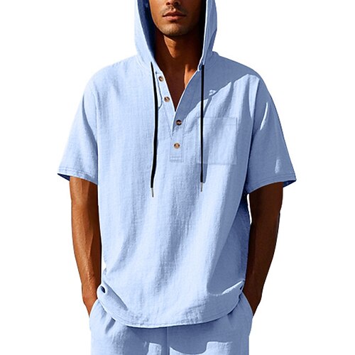 Herren T Shirt Henley Hemd T-Shirt Kurzarmshirt Kurzarm Mit Kapuze Sommer Frühling Einfach Mode Designer Basic Knöpfe Urlaub Straße Ausgehen Schwarz Weiß Gelb Top T-Shirt für Herren Image