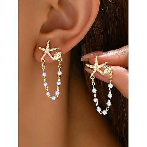 Damen-Ohrhänger mit Perlenkette und Seesternen – Sommerschmuck im Strand-Stil, eleganter maritimer Stil für Partys, Urlaub und den Alltag Image