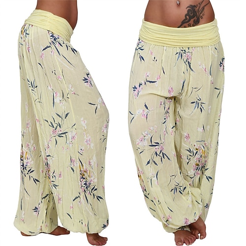 Damen Hosen Hose Haremshose Palazzo-Hose Mode Boho Volle Länge Mittlere Taille Druck Elastischer Bund Bequem Mikroelastisch Straße Alltagskleidung Ausgehen Blau Weiß Gelb Hellgrün Sommer Frühling Image