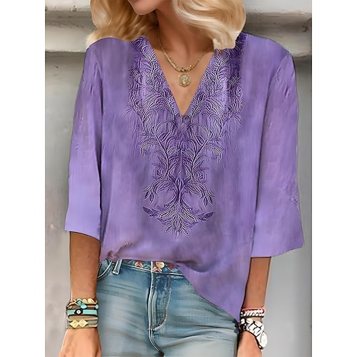 Damen Bluse Blumen Grafik Elegant Stilvoll Lässig Dreiviertelarm V Ausschnitt Normale Oberteile Täglich Ferien Ausgehen Gerafft Bestickt Druck Rosa Purpur Grün Sommer Frühling