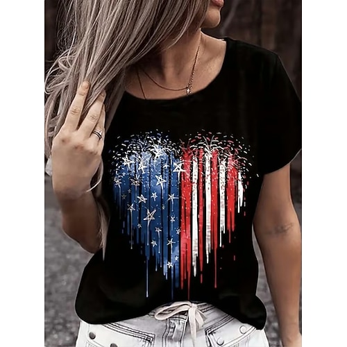Unabhängigkeitstag Patriotisches Damen T-Shirt Grafik Flagge Vintage Stilvoll Klassisch Kurzarm Rundhals Reguläre Oberteile Täglich Wochenende Druck Schwarz Weiß Marineblau Königsblau Image