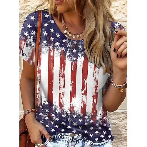 Unabhängigkeitstag Patriotisches Damen T-Shirt Grafik Flagge Vintage Stilvoll Klassisch Kurzarm Rundhals Reguläre Oberteile Täglich Wochenende Druck Schwarz Weiß Marineblau Königsblau Image