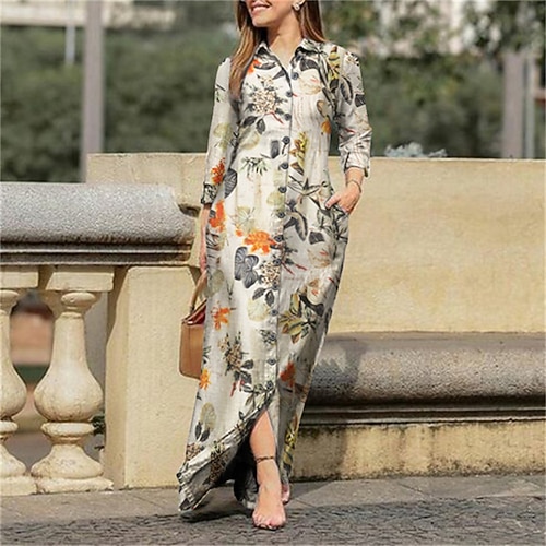 Damen Langes Kleid Maxikleid Freizeitkleid Sommerkleid Elegant Mode Modern Täglich Strand Wochenende Normale Passform Blume Dreiviertelarm Hemdkragen Gelb Purpur Dunkelblau Sommer Frühling Image