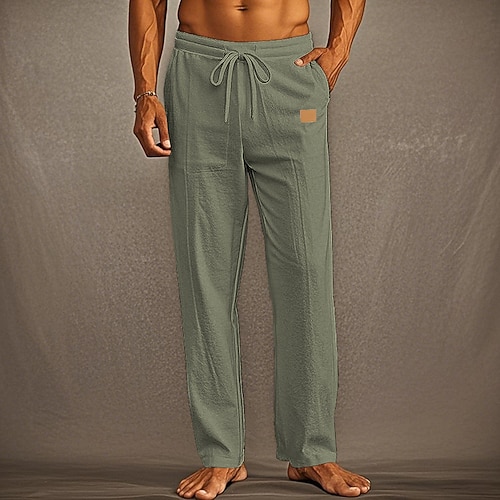 Herren Leinenhosen Hose Sommerhose Strandhose Tasche Kordelzug Elastischer Bund Einfach Komfort Atmungsaktiv Urlaub Täglich Ferien Hawaiianisch Boho Schwarz Weiß Image