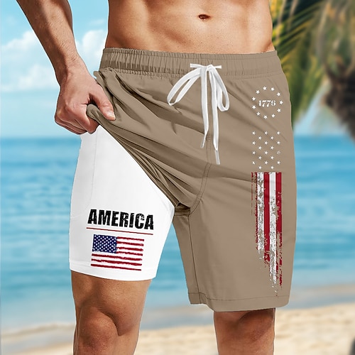 Tag der Unabhängigkeit Herren Amerikanische US-Flagge 250. Jahrestag des Unabhängigkeitstages der USA am 4. Juli Patriotisch Gefütterte Shorts 2 in 1 Badeshorts Badehosen Mittlere Taille Ferien Image